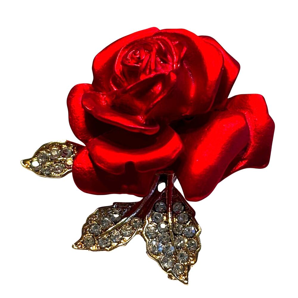 Deep Red Rosebud brooch stacked dimensional frosted textured on goldtone setting